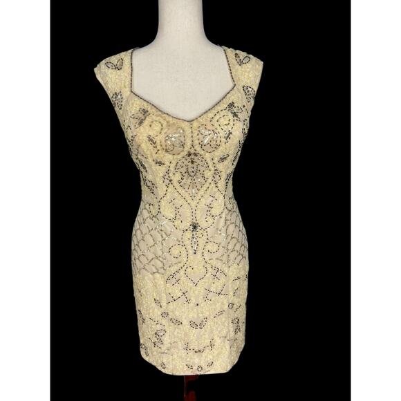 Sue Wong Nocturne 2015 Cream Ribbon Flower Beaded Cocktail Dress Size 4 NWT - Picture 1 of 15